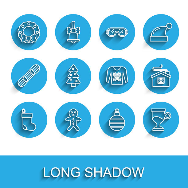 圣诞长袜、节日姜饼人饼干、花环、球、热红酒、圣诞树、节日房屋和毛衣图标矢量素材图片下载