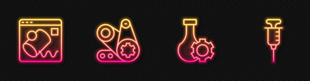 试管、数据可视化、正时皮带套件和注射器霓虹灯图标矢量素材图片下载