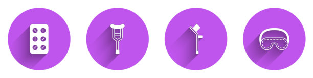 药丸泡罩包装、拐杖和眼罩图标长阴影矢量素材图片下载