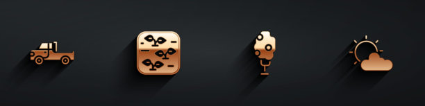 皮卡车、植物、苹果树、太阳和多云天气图标（带长阴影）。矢量素材图片下载