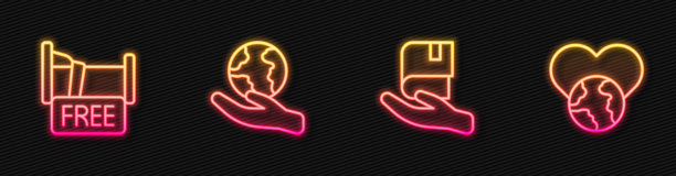 图书捐赠、免费住宿房屋、手持地球和爱心世界发光霓虹灯图标矢量素材图片下载