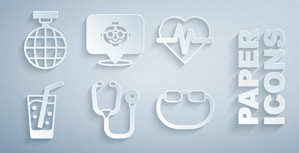 听诊器、心率、装有水的玻璃、眼镜、祖母和迪斯科球图标。矢量图。图片下载