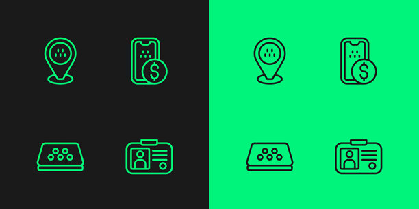 出租车司机执照、车顶、出租车位置和移动银行图标。矢量图。图片下载