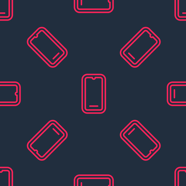 红色线条智能手机，移动电话图标在黑色背景上的无缝图案。图片下载