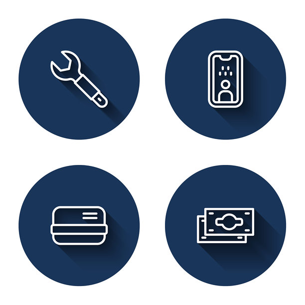 设置扳手、出租车司机执照、信用卡和叠放的纸币现金，带有长阴影。蓝色圆形按钮。矢量图。图片下载