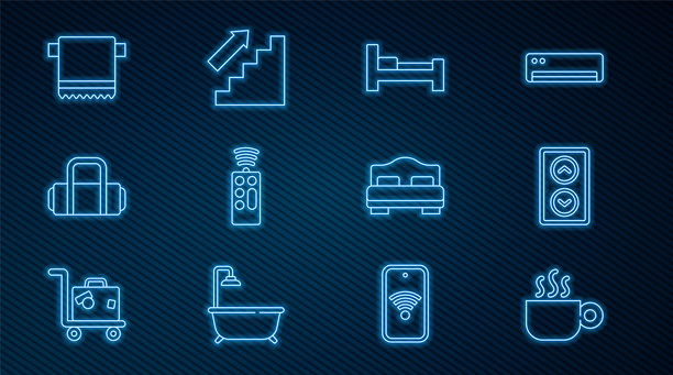 咖啡杯、电梯、酒店客房床、遥控器、行李箱、毛巾架和楼梯图标矢量素材图片下载