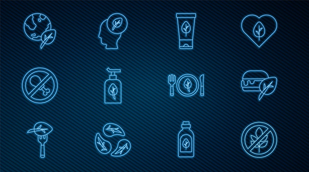 无麸质谷物，纯素食饮食，有机化妆品，无肉，地球与树叶，人体头部图标矢量素材图片下载