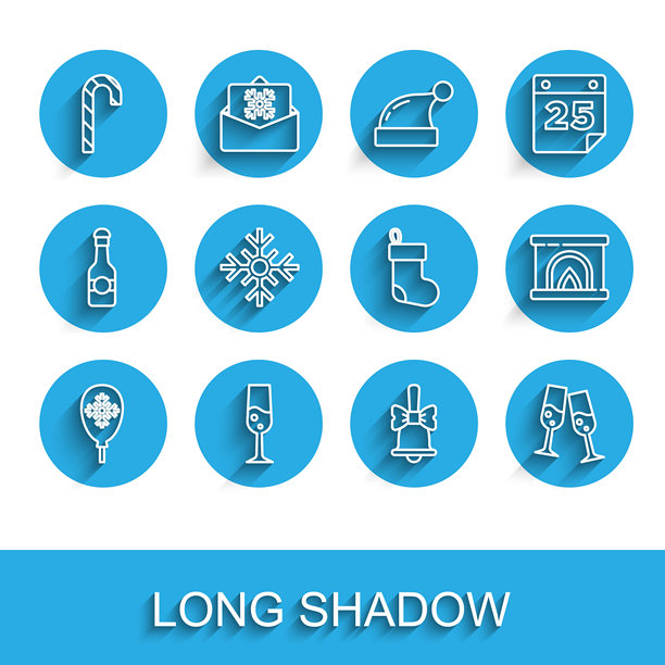 一套含雪花气球、香槟酒杯、圣诞拐杖糖、欢乐铃铛、雪花、室内壁炉和长袜图标的矢量素材图片下载