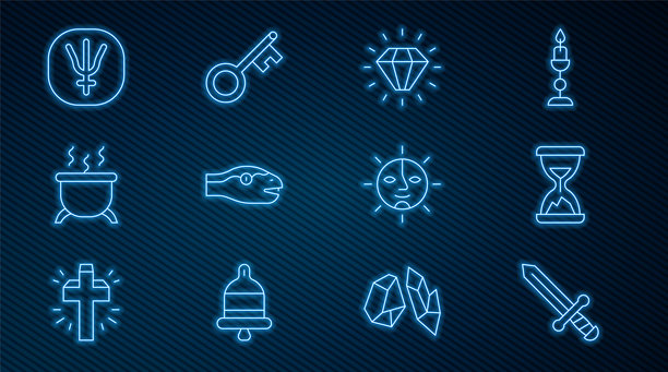 中世纪剑，古老的沙漏，钻石，蛇，女巫的锅，海王星，太阳和钥匙图标。矢量图。图片下载