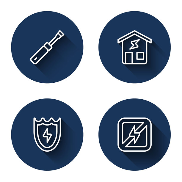 螺丝刀、智能家居、闪电和盾牌图标，长阴影蓝色圆圈按钮矢量素材图片下载