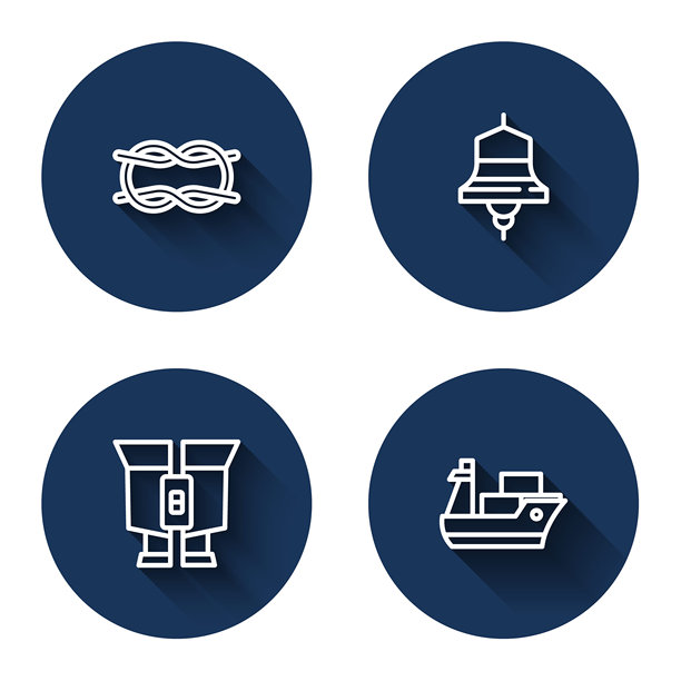 航海绳结、船钟、双筒望远镜和货船长阴影图标，蓝色圆形按钮矢量素材图片下载