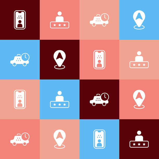 流行艺术风格的出租车司机执照、服务评分、等待时间和位置出租车图标。矢量图。图片下载