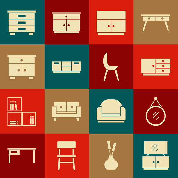 电视柜、镜子、抽屉柜、衣柜、床头柜和扶手椅图标矢量素材图片下载