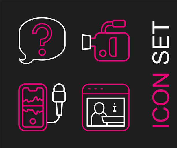 设置信息、移动录音、电影摄像机和对话气泡聊天图标。矢量图。图片下载