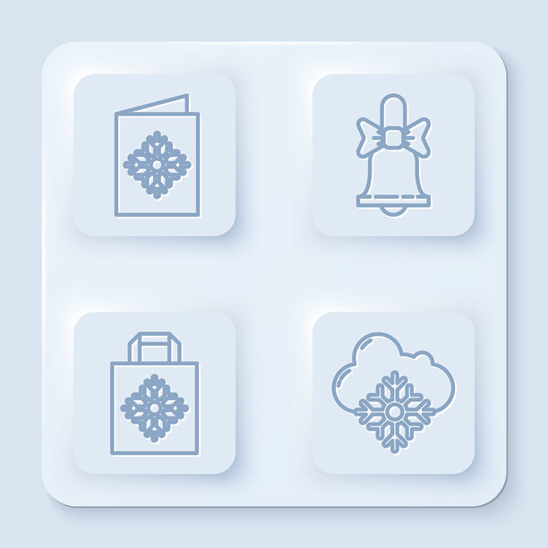 圣诞贺卡、圣诞铃铛、圣诞购物袋和雪景云朵组合白色方块按钮矢量素材图片下载