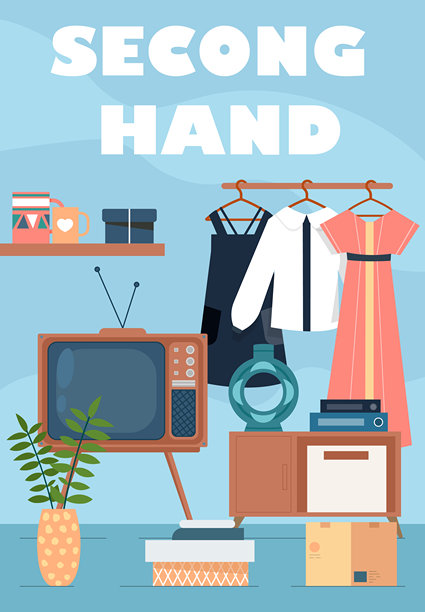 二手海报。电视和挂衣架上的衣物。邻里车库销售。当地市场。复古服装和电子产品。传单、小册子和宣传单。平面矢量插图。图片下载