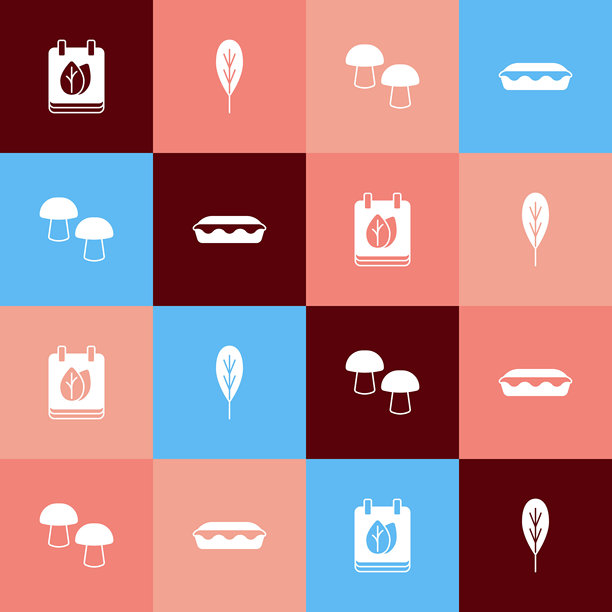 波普艺术秋叶日历树叶蘑菇和自制馅饼图标矢量素材图片下载