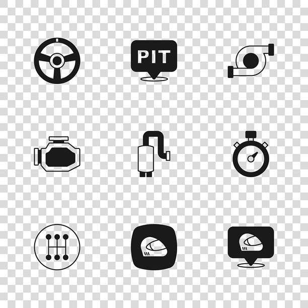 赛车头盔、秒表、汽车消声器、汽车涡轮增压器、方向盘、维修站与发动机检查图标矢量素材图片下载