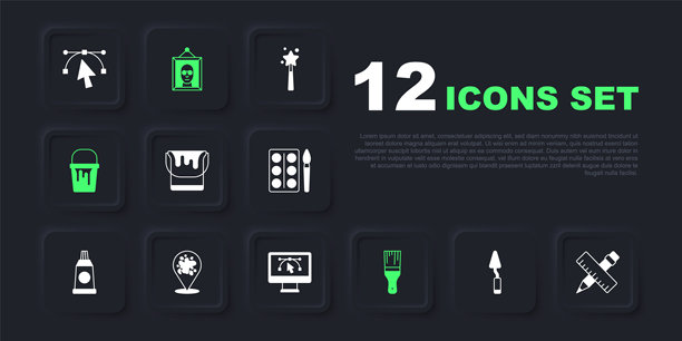 调色刀、交叉尺和铅笔、油漆桶、刷子、喷雾、图片和带设计程序图标的电脑。矢量图。图片下载