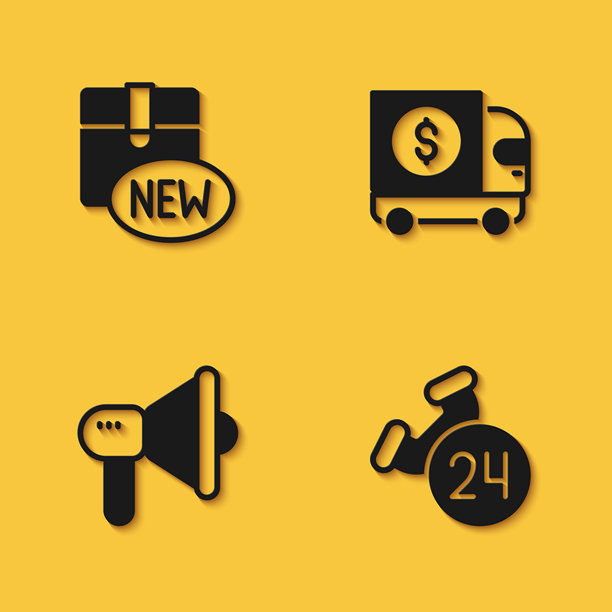 新系列，电话24小时支持，带长阴影的扩音器和装甲车图标。矢量图。图片下载