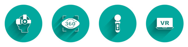 虚拟现实眼镜、360度视角、VR控制器游戏和长阴影图标矢量素材图片下载