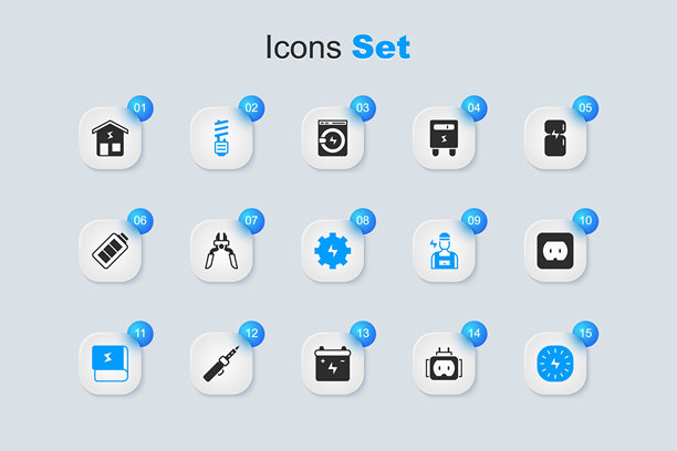 电源插头、钳子工具、LED灯泡、关于电力的书籍、闪电、插座、智能家居以及齿轮和闪电图标。矢量图。图片下载