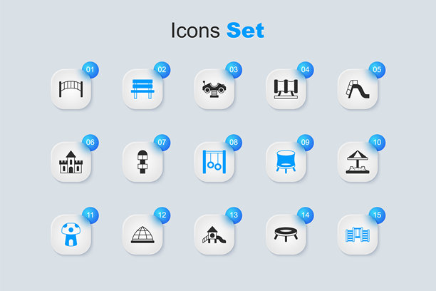 跳跃的蹦床、跳房子、长椅、蘑菇屋、瑞典墙、沙箱、儿童游乐场桥和体操环图标。矢量图。图片下载