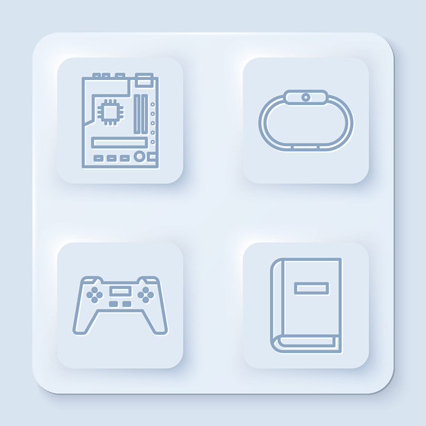 主板、智能手表、游戏手柄和用户手册。白色方形按钮。矢量素材图片下载