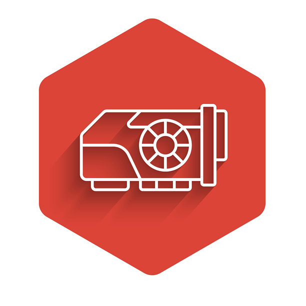 白色线条视频图形卡图标，带有长阴影背景。红色六边形按钮。矢量图。图片下载