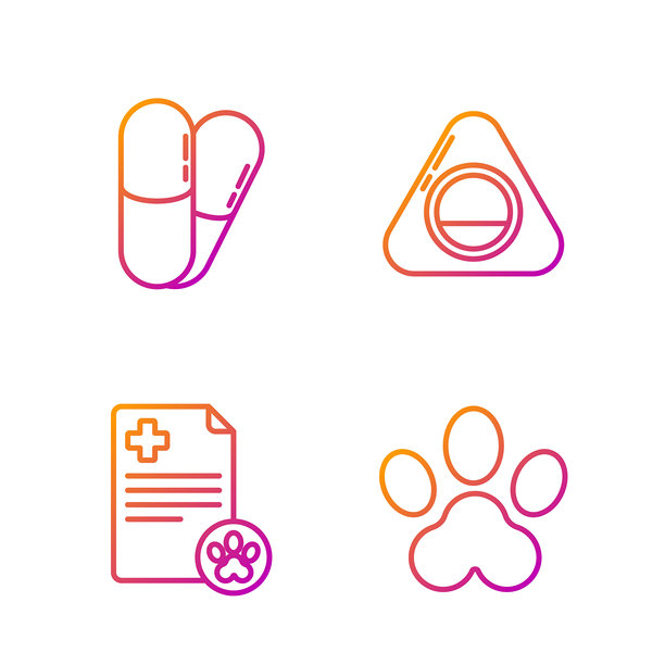 宠物医疗临床记录的爪印、剪贴板、狗和药丸以及宠物床。渐变色图标。矢量图。图片下载