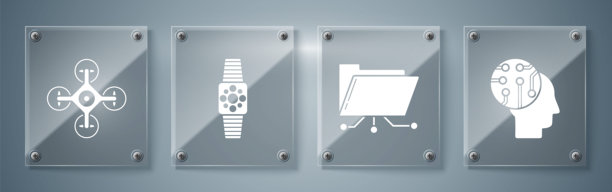 包含人脑数字电路板、文件夹和锁、智能手表和无人机的玻璃面板矢量素材图片下载