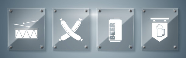 街边招牌与啤酒杯、啤酒罐、交叉香肠和鼓槌乐器组合图标。方形玻璃面板。矢量素材图片下载