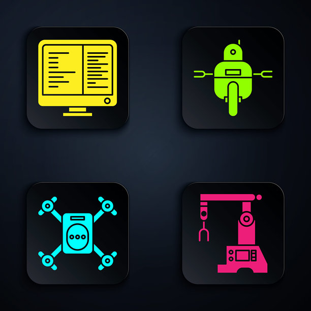 组装线，计算机显示器，配备动作相机的无人机和机器人。黑色方形按钮。矢量图。图片下载