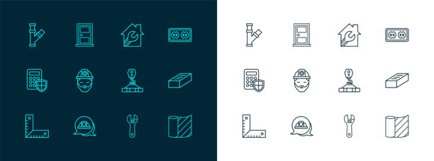 电气插座，工人安全头盔，起重机钩，活动扳手，建筑工人，带扳手的房屋，工业金属管和关闭门图标。矢量图。图片下载