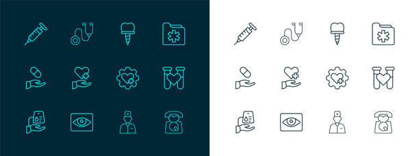 医疗健康记录文件夹，红眼病，带十字的心脏，男医生，牙科植入物，注射器和听诊器图标矢量素材图片下载