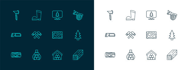 手锯和原木，抓斗起重机，木梁，原木，交叉锤子，森林位置，斧头和防水橡胶靴图标。矢量图。图片下载