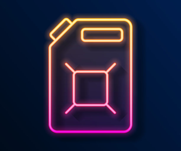 黑色背景上的发光霓虹灯汽油罐图标，柴油气体图标矢量插画图片下载