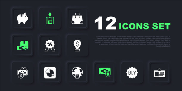 设置购买按钮、身份证明徽章、折扣百分比标签、带盾牌的钱、送货手提箱、饼图信息图、卖家和全球运输图标。矢量图。图片下载