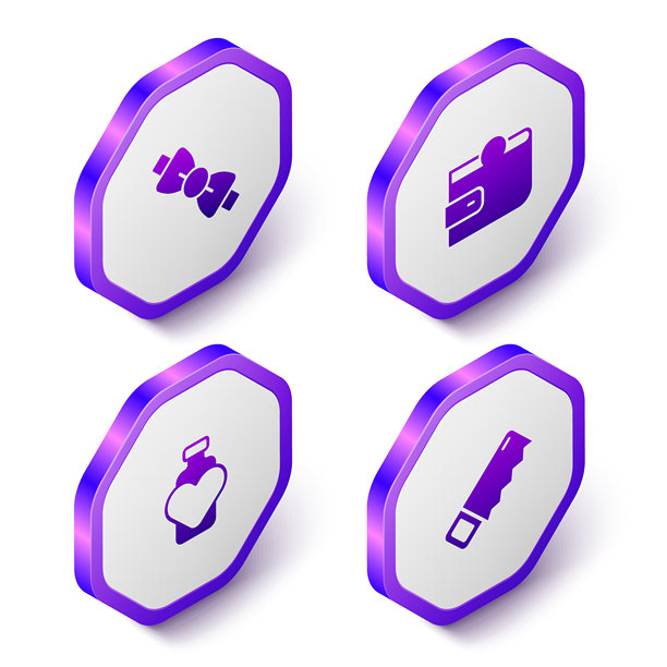 等距蝴蝶结、钱包、装有爱情药水的瓶子和手锯图标。紫色六边形按钮。矢量图。图片下载