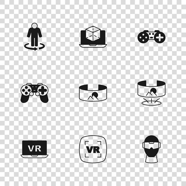 虚拟现实、360度视图、眼镜、游戏手柄、3D建模图标。矢量素材图片下载