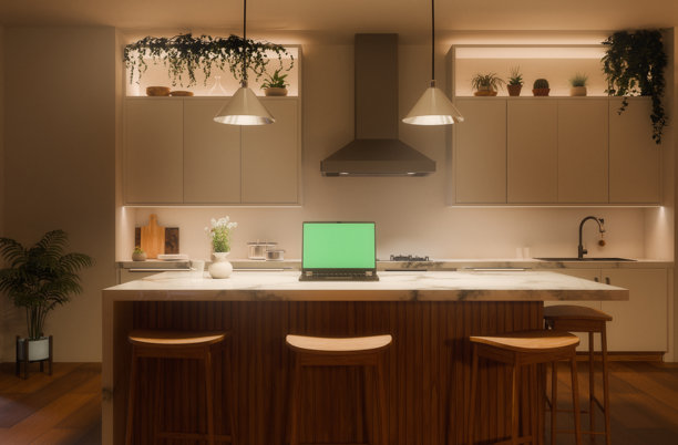 厨房内景：岛台上的笔记本电脑与吊灯（夜景）图片下载