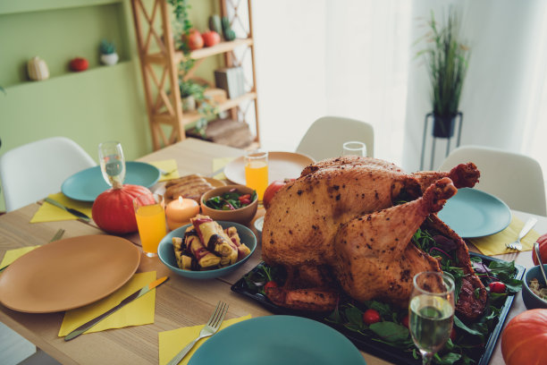 美味佳肴，大型家庭庆祝感恩节室内场景特写照片图片下载