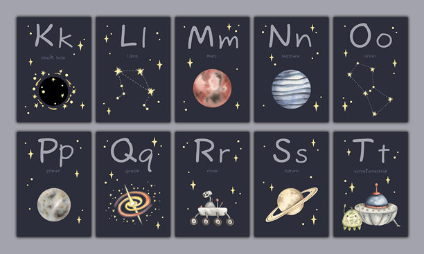 带有英文字母的卡片。手绘水彩太空插图的教育卡片。图片下载