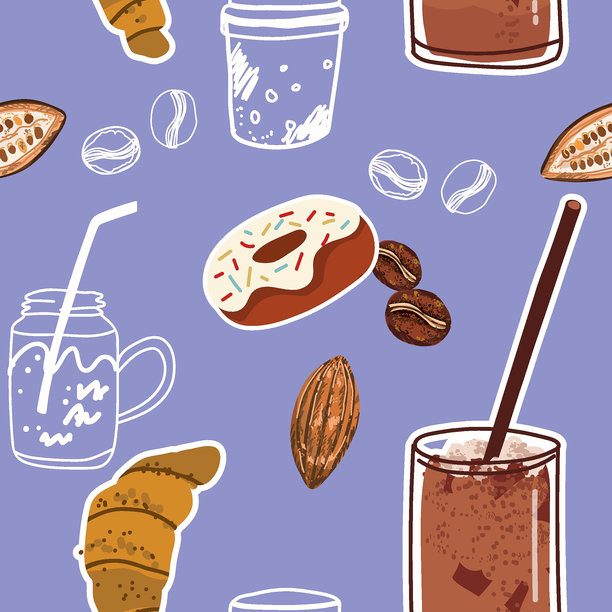 无缝背景，包含咖啡符号和配件。适用于餐厅、包装、菜单和室内设计、包装纸、菜单。手绘矢量插图。图片下载