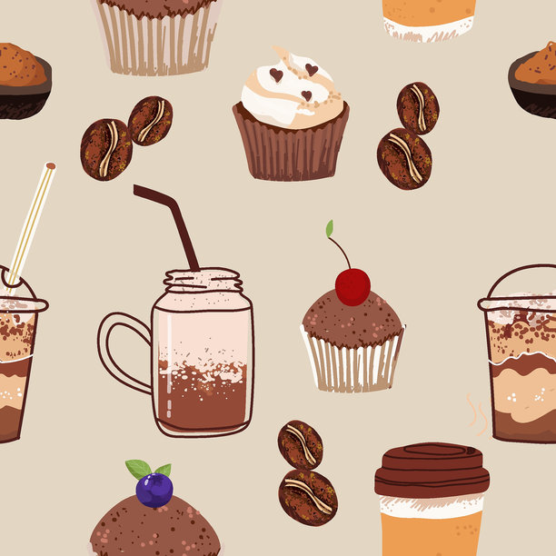 无缝背景，包含咖啡符号和配件。适用于餐厅、包装、菜单和室内设计、包装纸、菜单。手绘矢量插图。图片下载