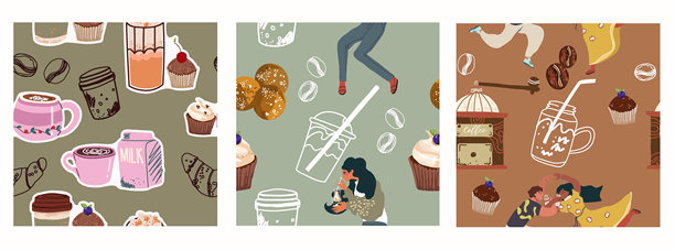 一组无缝图案，背景包含咖啡符号、配件和人物角色，适用于餐厅、包装、菜单和室内设计、包装、菜单。手绘矢量插图。图片下载