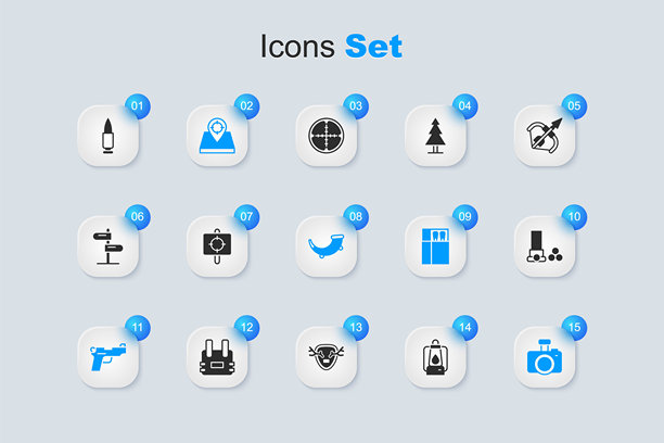 露营灯笼、目标运动、狩猎场所、手枪、照相机、弹药筒、子弹和狩猎号角图标矢量图图片下载
