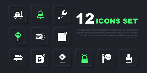 厕所、缆车、火车票和铁路、铁路道口、在线订票、车站铃声和限速交通标志100公里图标。矢量图。图片下载