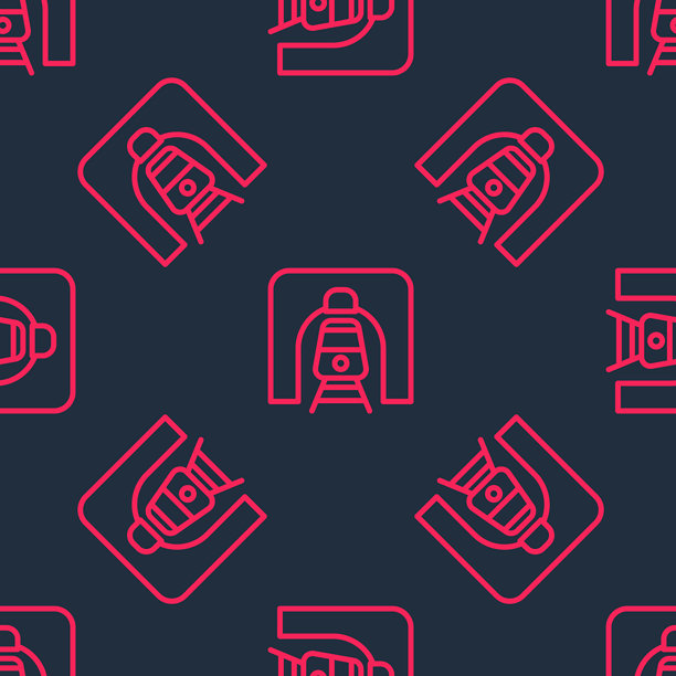 黑色背景上的红线火车在铁路隧道图标，呈无缝图案。铁路隧道。矢量图。图片下载