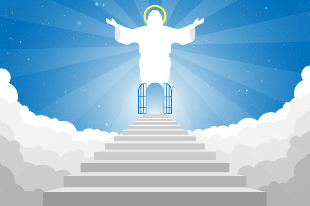 通往天堂的楼梯在上帝的手中，顶部发光的神圣矢量图图片下载